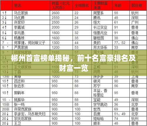 郴州首富榜單揭秘，前十名富豪排名及財富一覽
